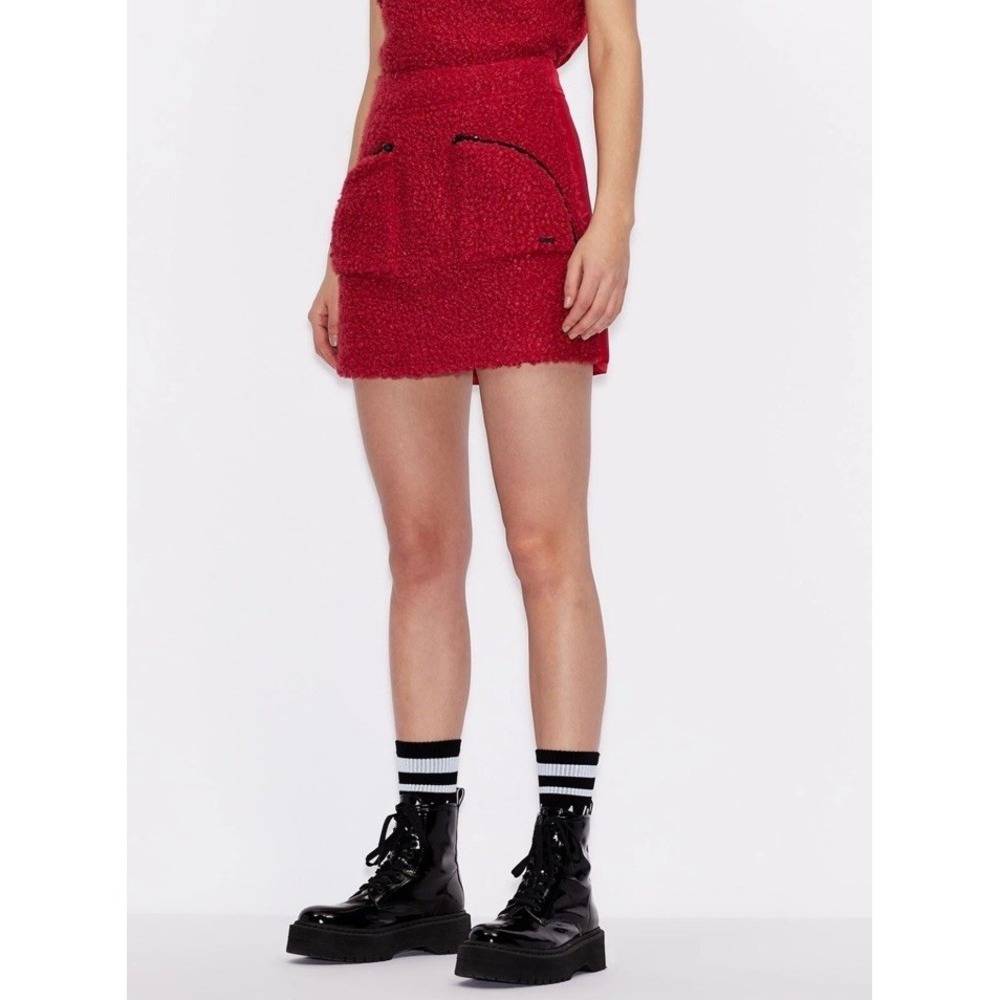 ARMANI EXCHANGE Mini Skirt Women's 8 Red Fuzzy Puffer Front Jacquard Back New
